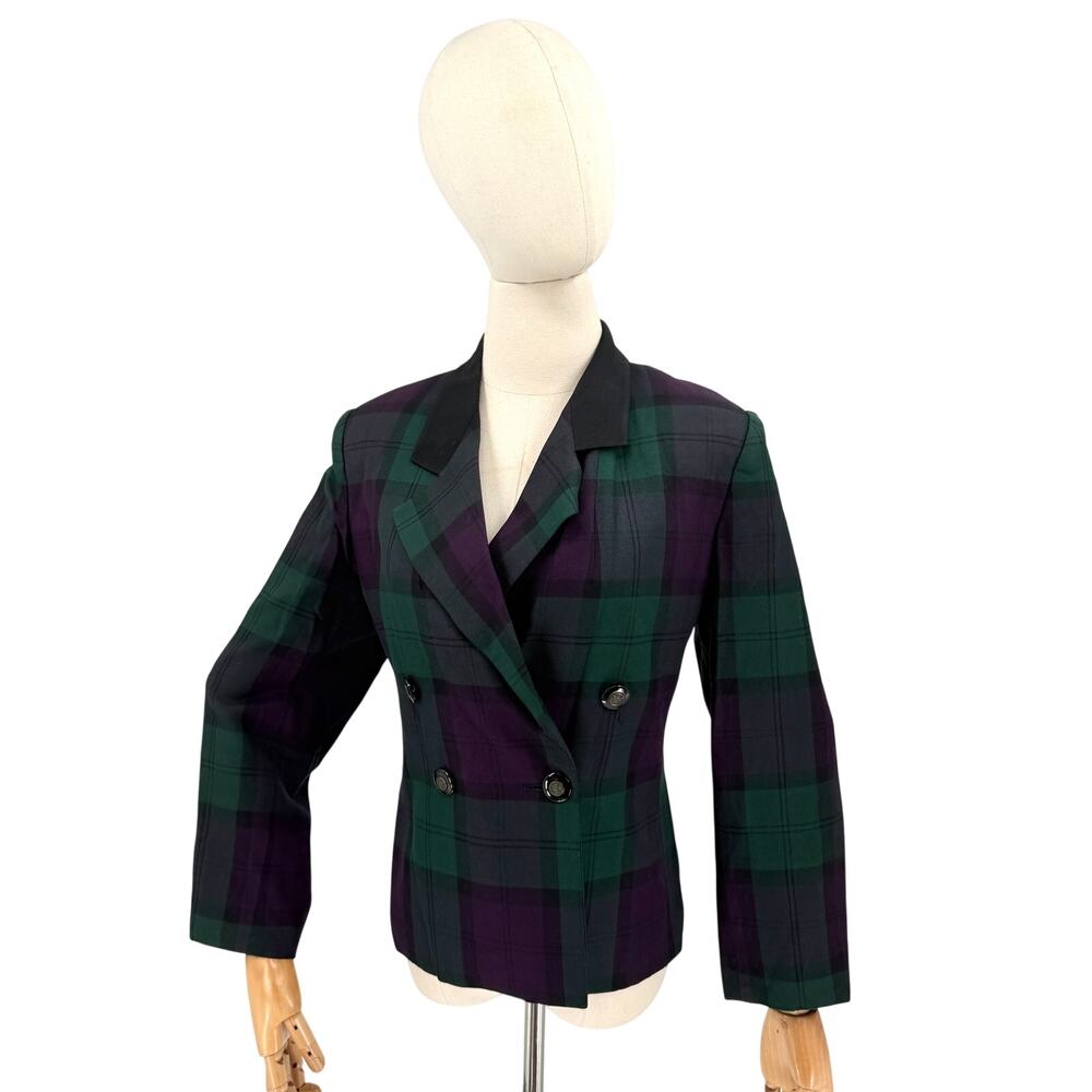 Vintage 90s Le Suit Petite Forest Green Purple Tartan Plaid Blazer Jacket